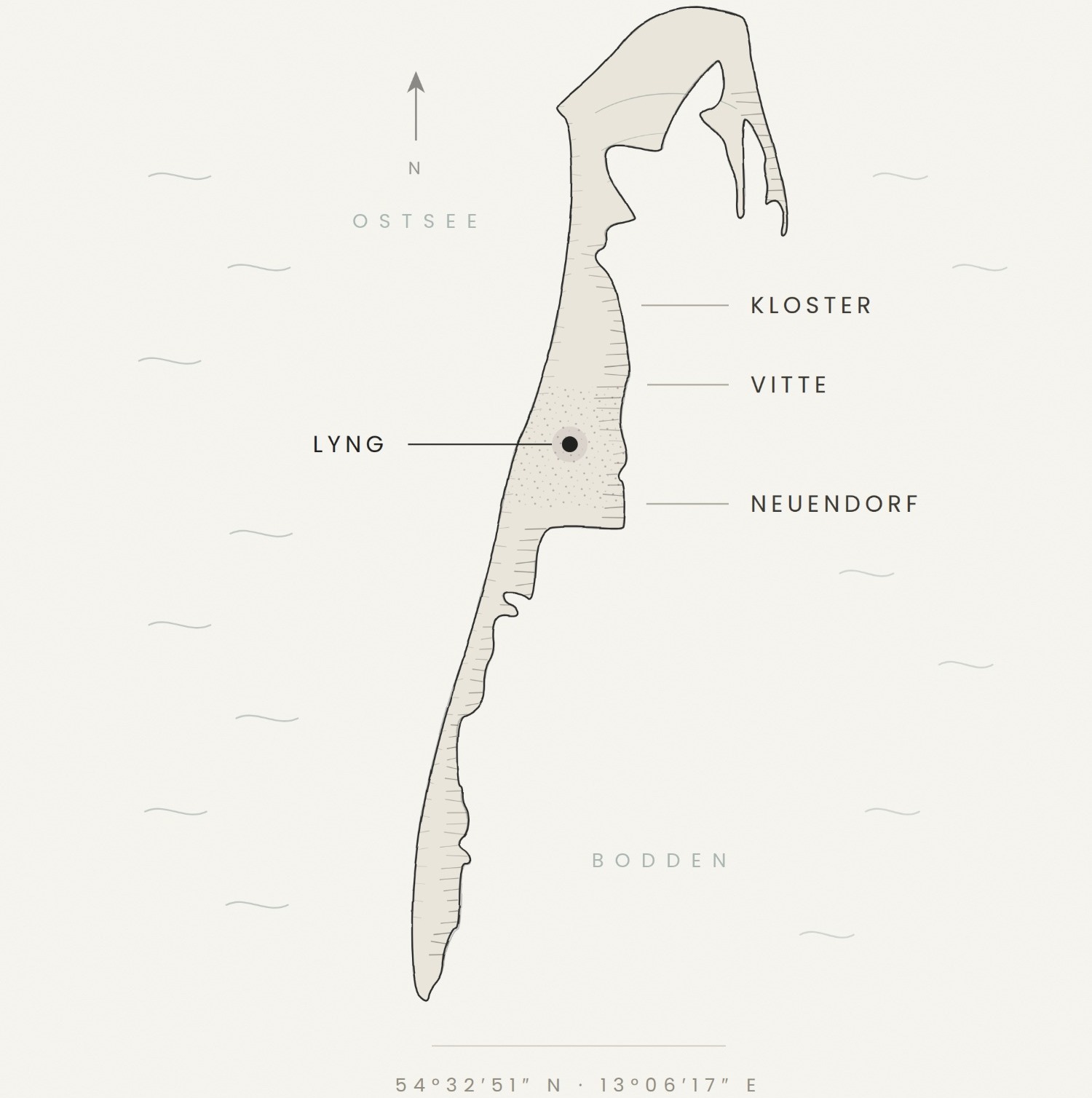Karte der Insel Hiddensee mit der Lage von LYNG in der Dünenheide zwischen Vitte und Neuendorf