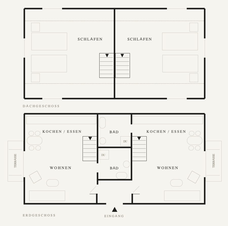 Grundriss: ein Haus, zwei gespiegelte Wohnungen. Dachgeschoss mit je einem Schlafzimmer, Erdgeschoss mit Kochen/Essen, Wohnen, Bad und eigener Terrasse.