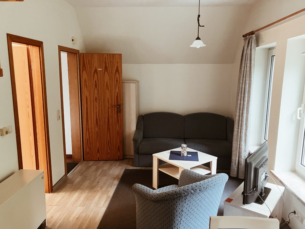 Wohnraum mit Sofa, Sessel und Couchtisch